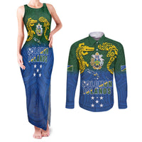 Solomon Islands Couples Matching Tank Maxi Dress and Long Sleeve Button Shirt The Guardians-Tribal Crocodile and Shark Melanesian Tattoo LT03 Green - Polynesian Pride