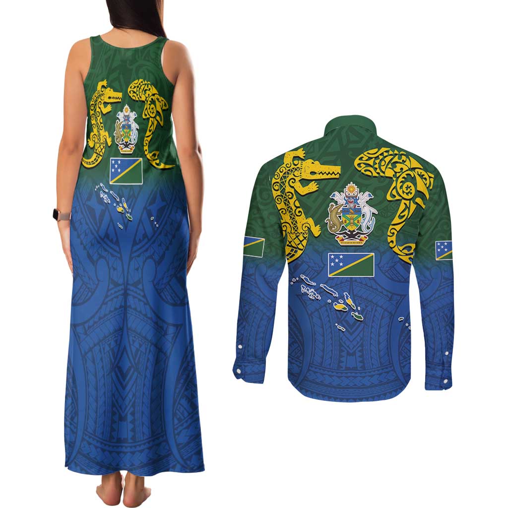 Solomon Islands Couples Matching Tank Maxi Dress and Long Sleeve Button Shirt The Guardians-Tribal Crocodile and Shark Melanesian Tattoo LT03 - Polynesian Pride