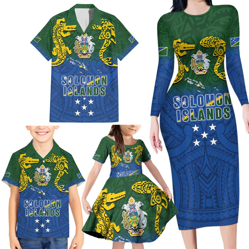 Solomon Islands Family Matching Long Sleeve Bodycon Dress and Hawaiian Shirt The Guardians-Tribal Crocodile and Shark Melanesian Tattoo LT03 - Polynesian Pride