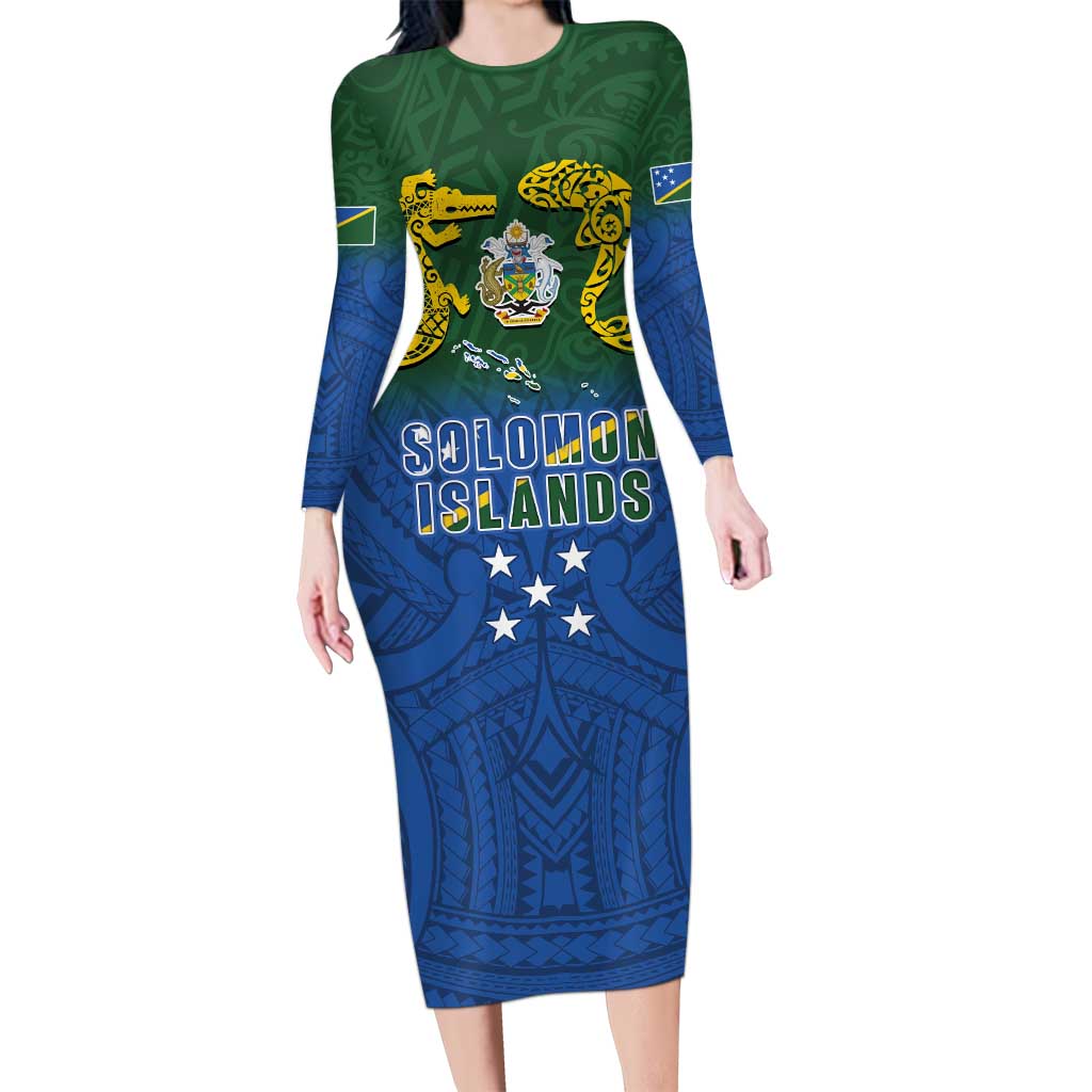 Solomon Islands Family Matching Long Sleeve Bodycon Dress and Hawaiian Shirt The Guardians-Tribal Crocodile and Shark Melanesian Tattoo LT03 Mom's Dress Green - Polynesian Pride