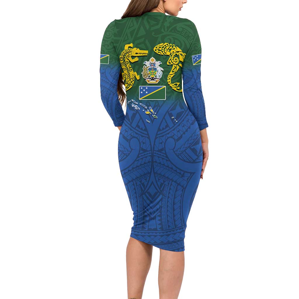 Solomon Islands Family Matching Long Sleeve Bodycon Dress and Hawaiian Shirt The Guardians-Tribal Crocodile and Shark Melanesian Tattoo LT03 - Polynesian Pride