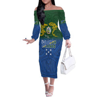 Solomon Islands Family Matching Off The Shoulder Long Sleeve Dress and Hawaiian Shirt The Guardians-Tribal Crocodile and Shark Melanesian Tattoo LT03 Mom's Dress Green - Polynesian Pride