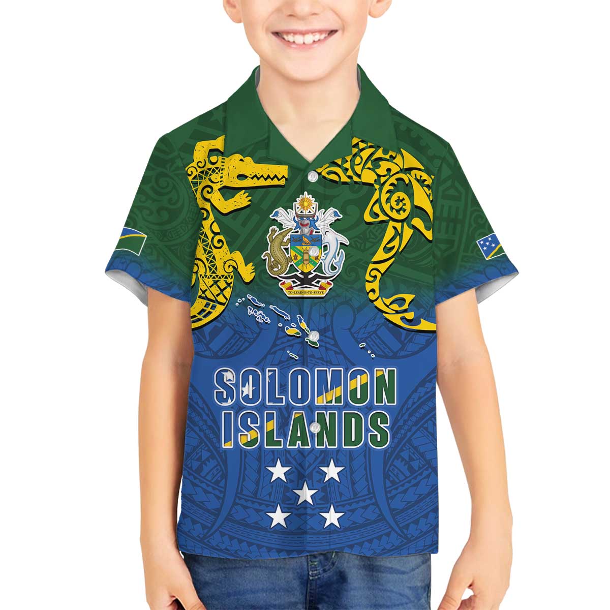 Solomon Islands Family Matching Off The Shoulder Long Sleeve Dress and Hawaiian Shirt The Guardians-Tribal Crocodile and Shark Melanesian Tattoo LT03 Son's Shirt Green - Polynesian Pride