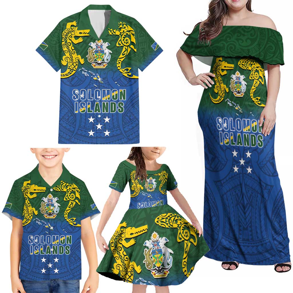 Solomon Islands Family Matching Off Shoulder Maxi Dress and Hawaiian Shirt The Guardians-Tribal Crocodile and Shark Melanesian Tattoo LT03 - Polynesian Pride