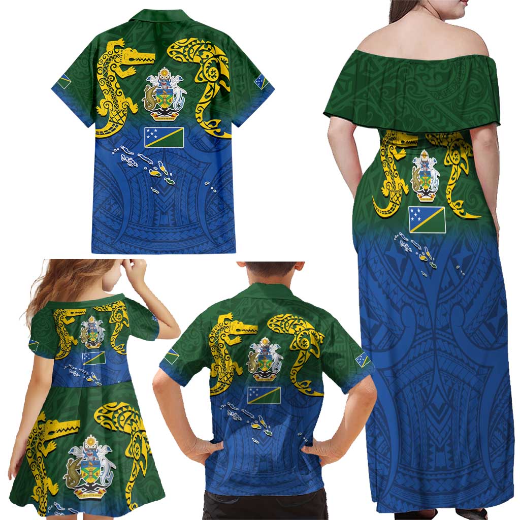 Solomon Islands Family Matching Off Shoulder Maxi Dress and Hawaiian Shirt The Guardians-Tribal Crocodile and Shark Melanesian Tattoo LT03 - Polynesian Pride