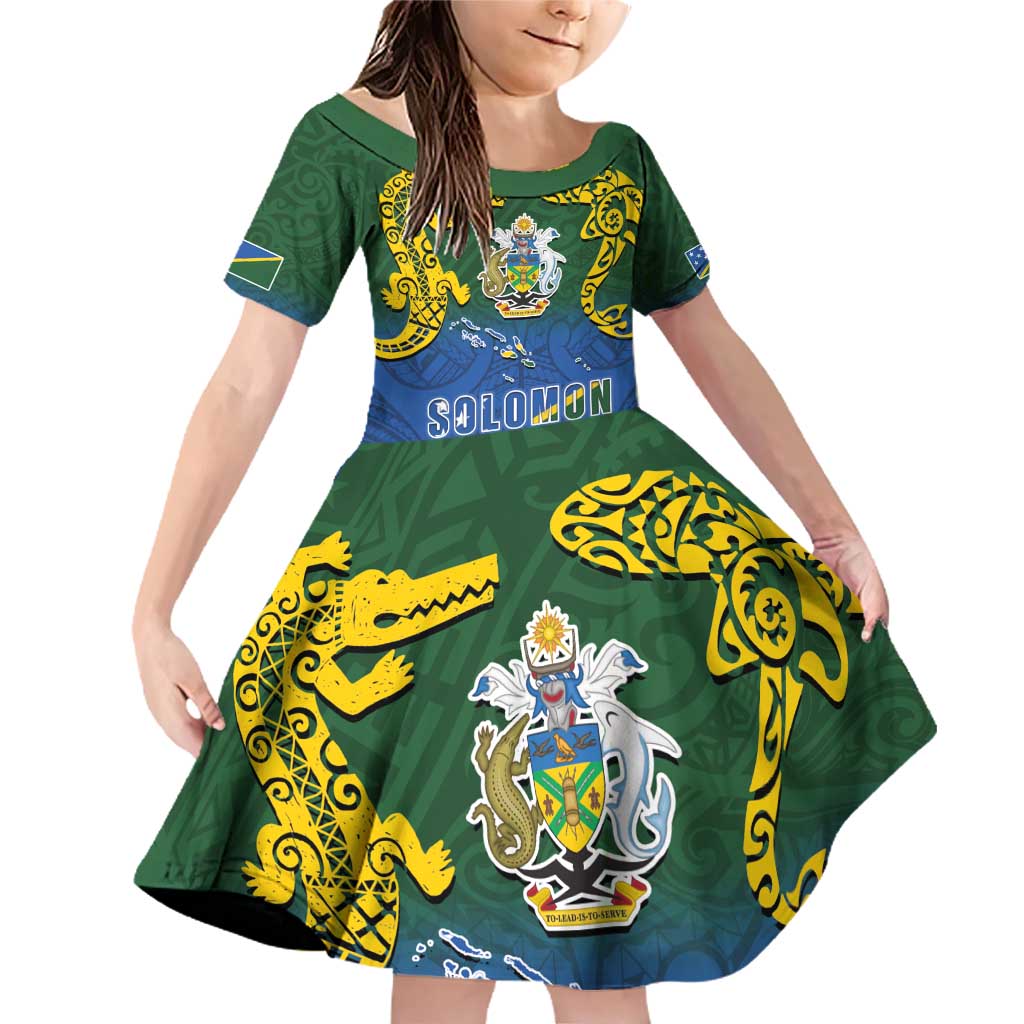 Solomon Islands Family Matching Off Shoulder Short Dress and Hawaiian Shirt The Guardians-Tribal Crocodile and Shark Melanesian Tattoo LT03 Daughter's Dress Green - Polynesian Pride