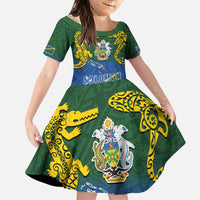Solomon Islands Family Matching Puletasi and Hawaiian Shirt The Guardians-Tribal Crocodile and Shark Melanesian Tattoo LT03 Daughter's Dress Green - Polynesian Pride