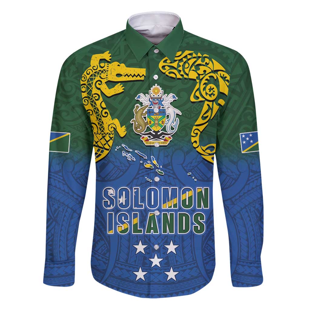Solomon Islands Family Matching Puletasi and Hawaiian Shirt The Guardians-Tribal Crocodile and Shark Melanesian Tattoo LT03 Dad's Shirt - Long Sleeve Green - Polynesian Pride