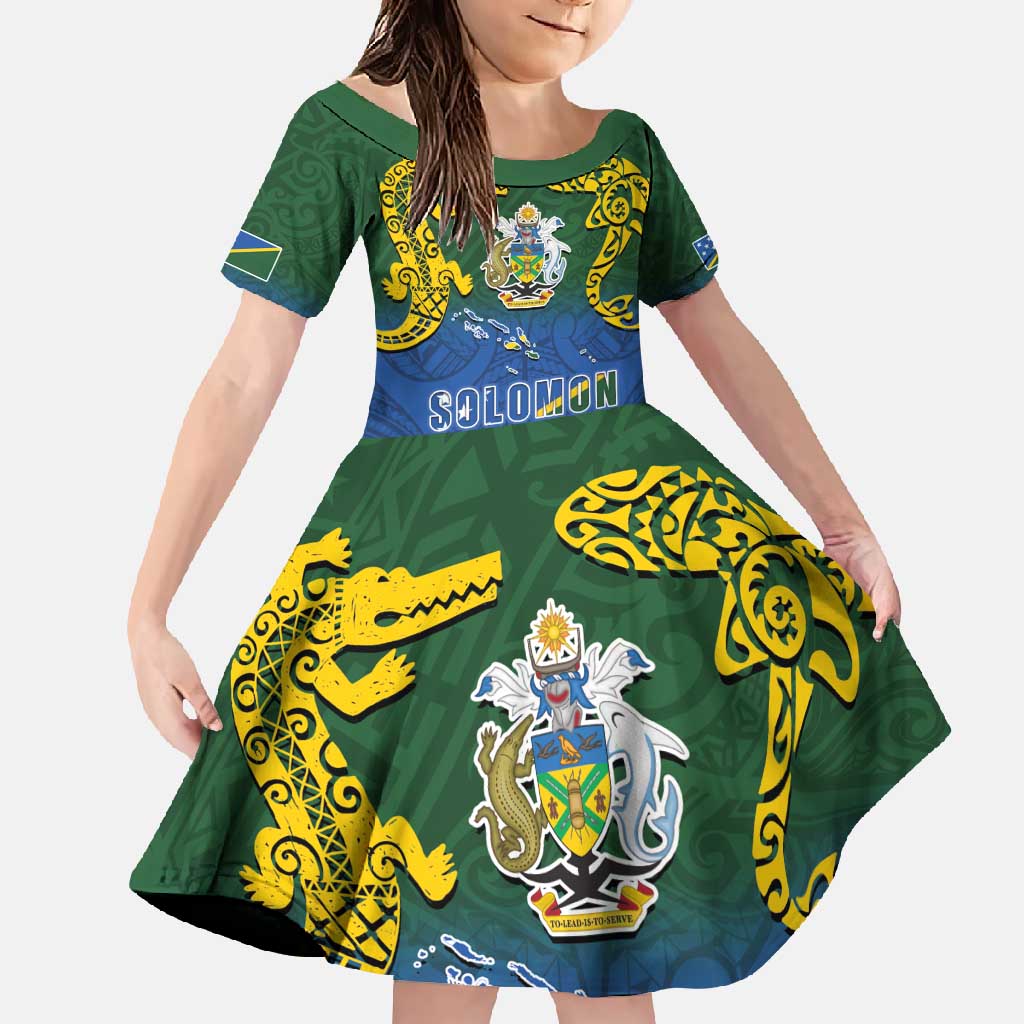 Solomon Islands Family Matching Summer Maxi Dress and Hawaiian Shirt The Guardians-Tribal Crocodile and Shark Melanesian Tattoo LT03 Daughter's Dress Green - Polynesian Pride