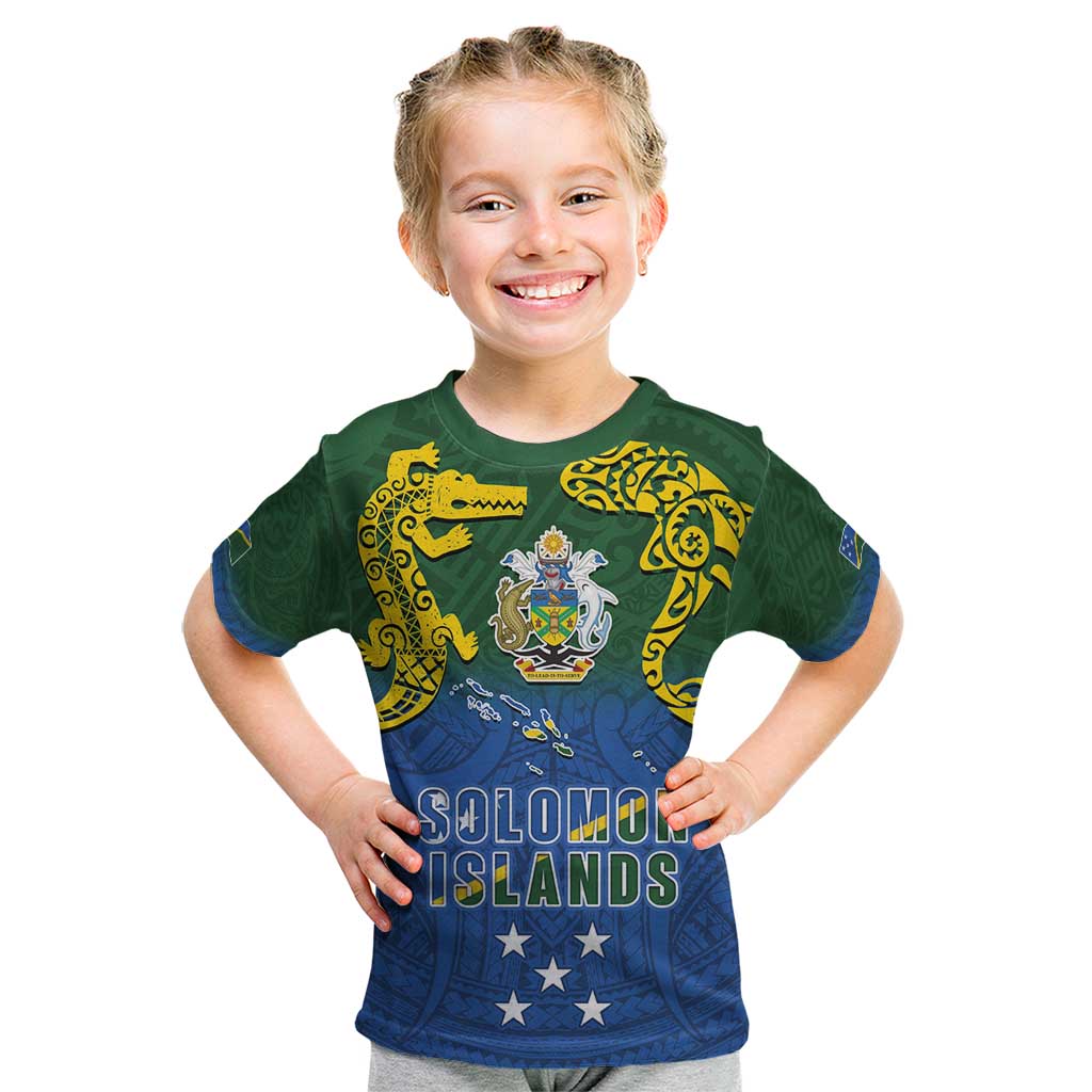 Solomon Islands Kid T Shirt The Guardians-Tribal Crocodile and Shark Melanesian Tattoo LT03 Green - Polynesian Pride