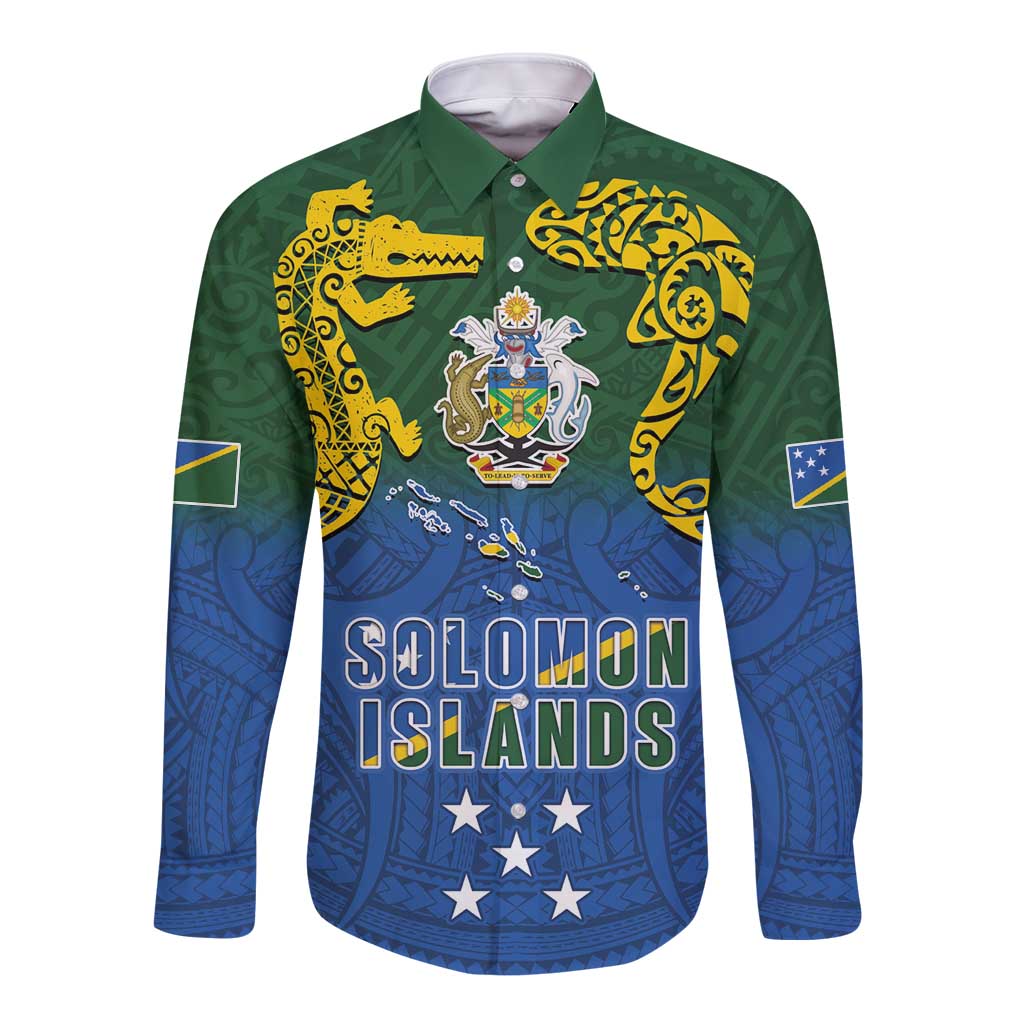 Solomon Islands Long Sleeve Button Shirt The Guardians-Tribal Crocodile and Shark Melanesian Tattoo LT03 Unisex Green - Polynesian Pride