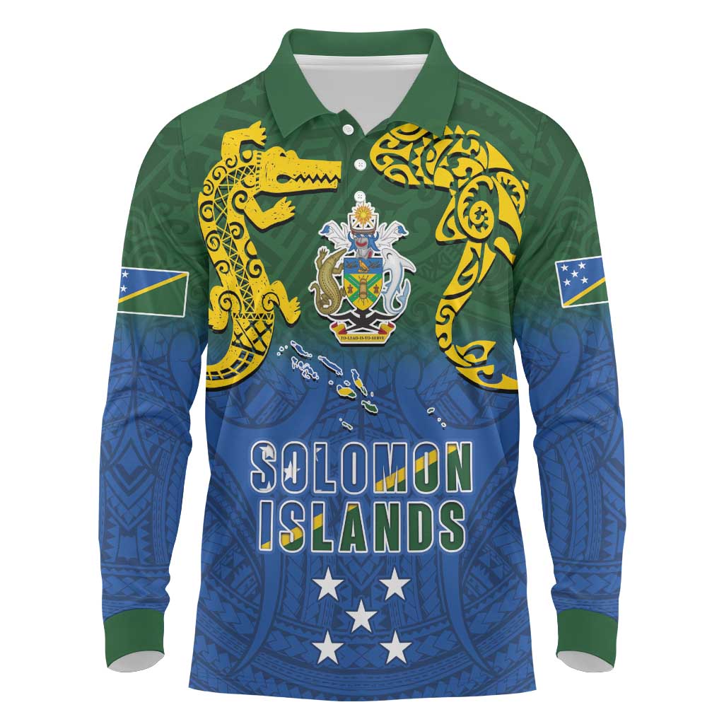 Solomon Islands Long Sleeve Polo Shirt The Guardians-Tribal Crocodile and Shark Melanesian Tattoo LT03 Green - Polynesian Pride