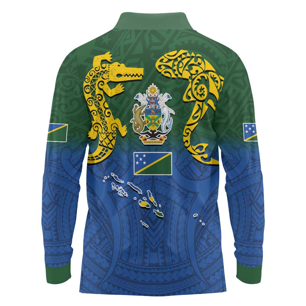 Solomon Islands Long Sleeve Polo Shirt The Guardians-Tribal Crocodile and Shark Melanesian Tattoo LT03 - Polynesian Pride