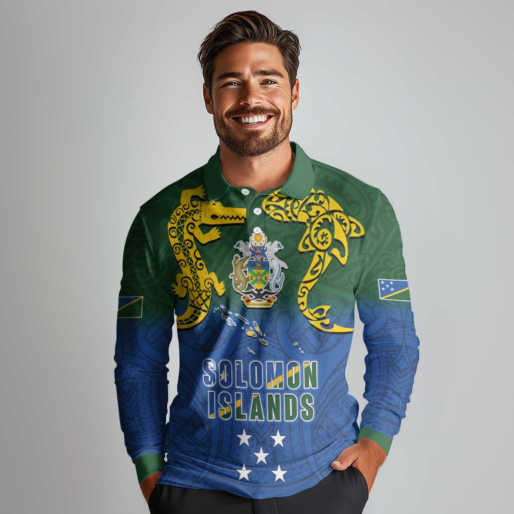 Solomon Islands Long Sleeve Polo Shirt The Guardians-Tribal Crocodile and Shark Melanesian Tattoo LT03 - Polynesian Pride