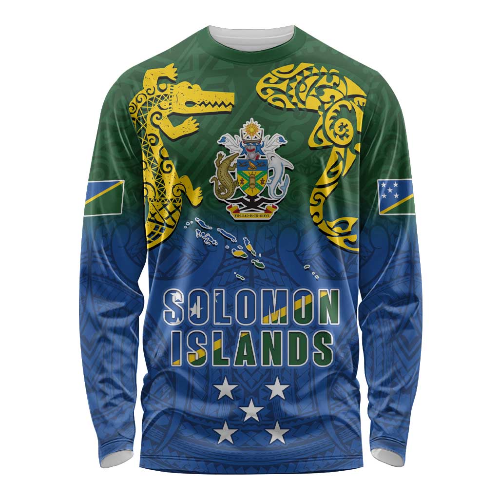 Solomon Islands Long Sleeve Shirt The Guardians-Tribal Crocodile and Shark Melanesian Tattoo LT03 Unisex Green - Polynesian Pride