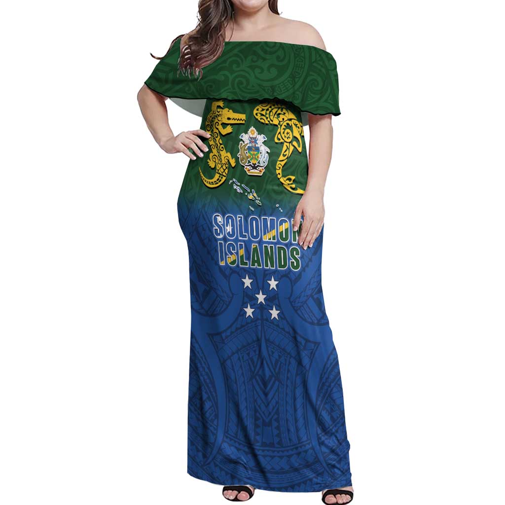 Solomon Islands Off Shoulder Maxi Dress The Guardians-Tribal Crocodile and Shark Melanesian Tattoo LT03 Women Green - Polynesian Pride
