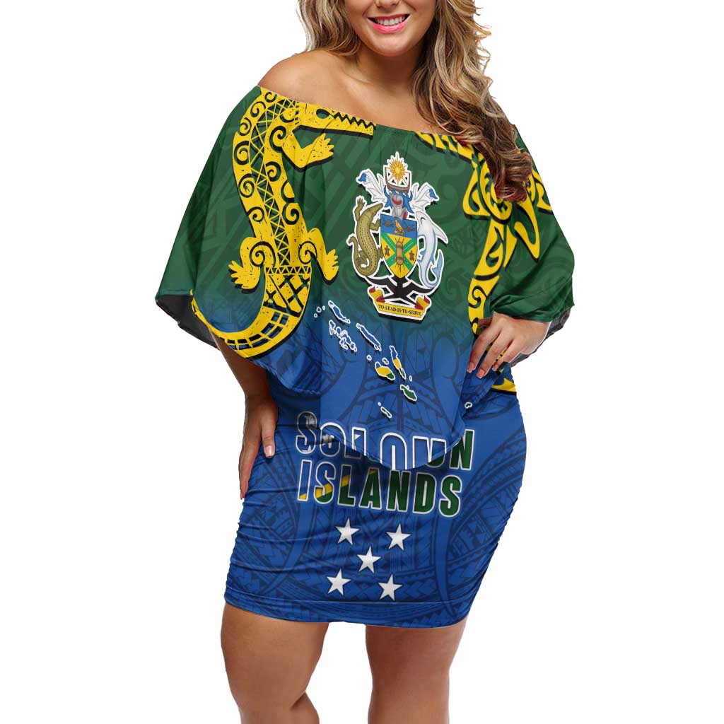 Solomon Islands Off Shoulder Short Dress The Guardians-Tribal Crocodile and Shark Melanesian Tattoo LT03 Women Green - Polynesian Pride