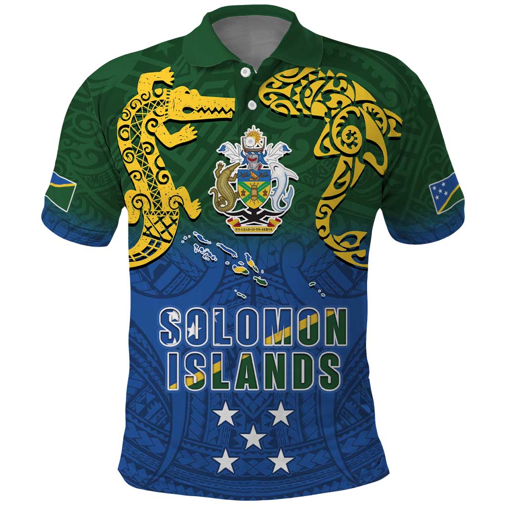 Solomon Islands Polo Shirt The Guardians-Tribal Crocodile and Shark Melanesian Tattoo LT03 Green - Polynesian Pride