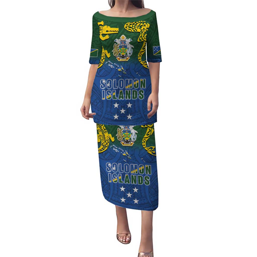 Solomon Islands Puletasi The Guardians-Tribal Crocodile and Shark Melanesian Tattoo LT03 Long Dress Green - Polynesian Pride