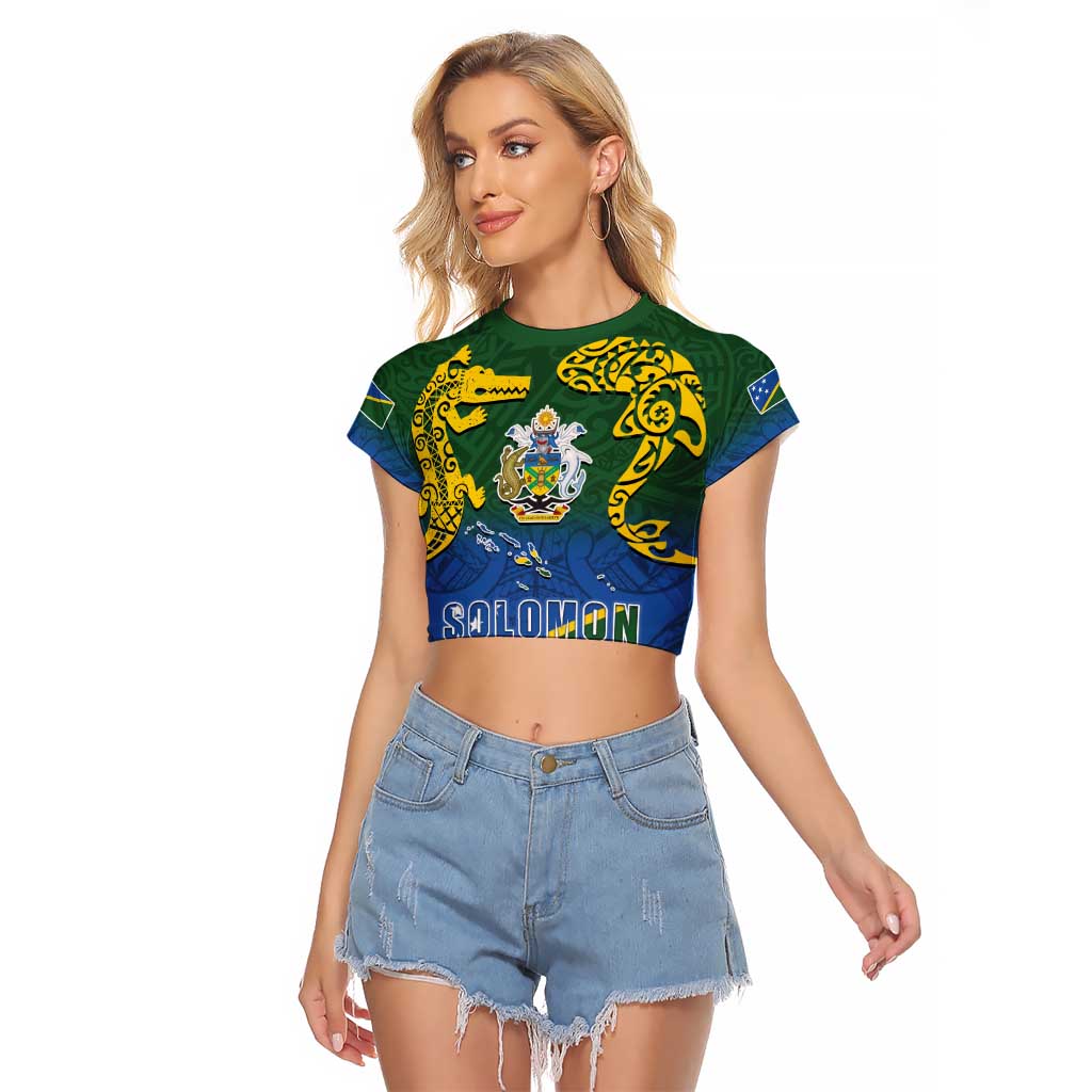 Solomon Islands Raglan Cropped T Shirt The Guardians-Tribal Crocodile and Shark Melanesian Tattoo LT03 Female Green - Polynesian Pride
