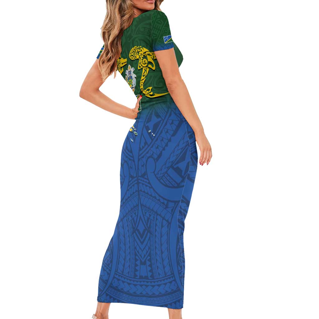 Solomon Islands Short Sleeve Bodycon Dress The Guardians-Tribal Crocodile and Shark Melanesian Tattoo LT03 - Polynesian Pride