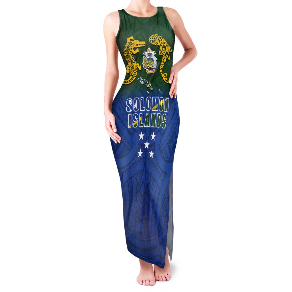 Solomon Islands Tank Maxi Dress The Guardians-Tribal Crocodile and Shark Melanesian Tattoo LT03 Women Green - Polynesian Pride
