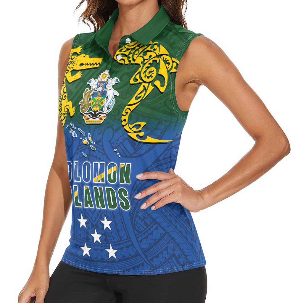 Solomon Islands Women Sleeveless Polo Shirt The Guardians-Tribal Crocodile and Shark Melanesian Tattoo LT03 - Polynesian Pride