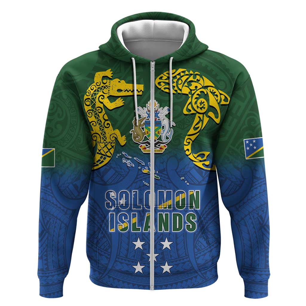 Solomon Islands Zip Hoodie The Guardians-Tribal Crocodile and Shark Melanesian Tattoo LT03 Zip Hoodie Green - Polynesian Pride