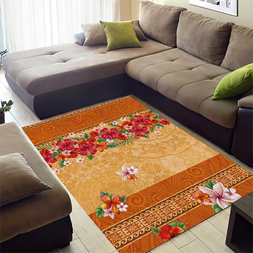 Hawaii Hibiscus Area Rug Turtles and Tribal Motifs Vintage Floral Style LT03 - Polynesian Pride