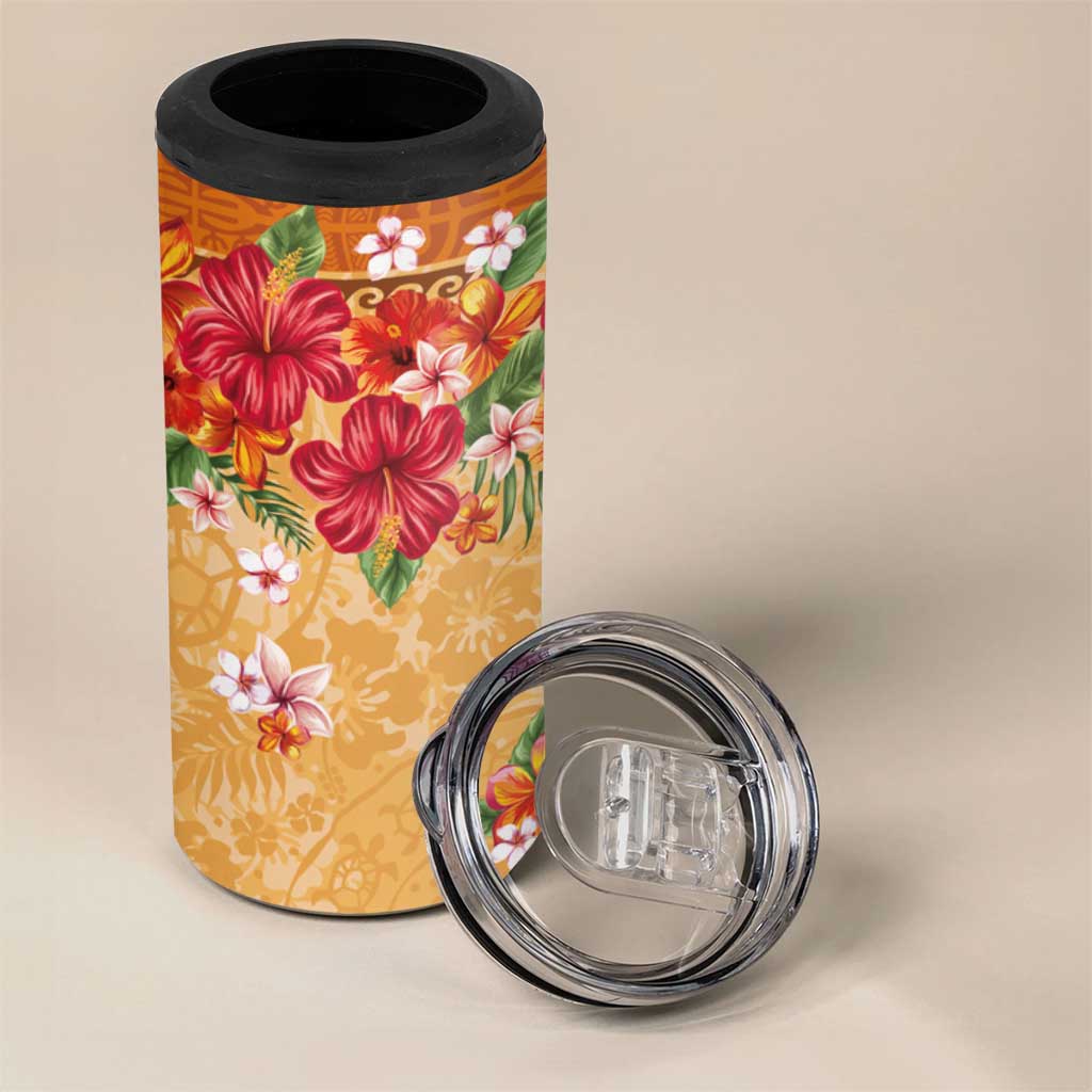 Hawaii Hibiscus 4 in 1 Can Cooler Tumbler Turtles and Tribal Motifs Vintage Floral Style LT03 - Polynesian Pride