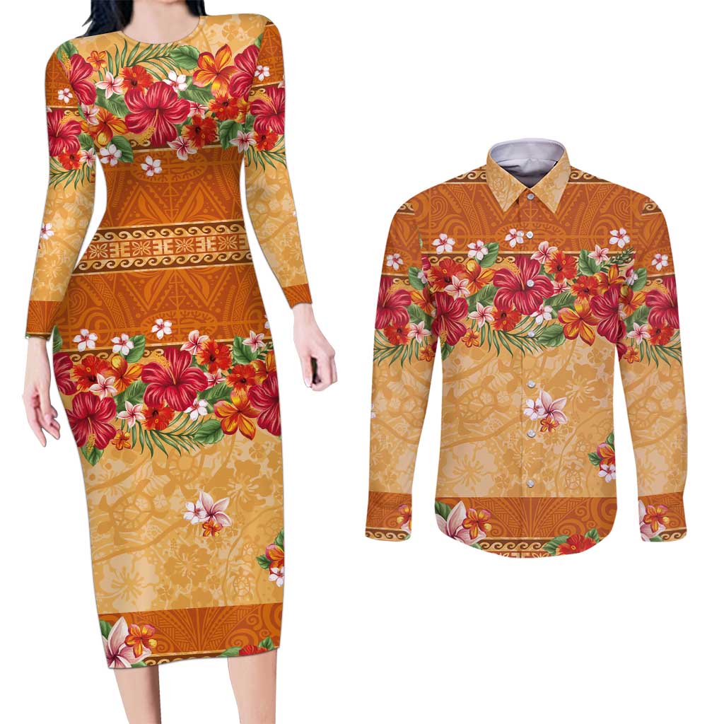 Hawaii Hibiscus Couples Matching Long Sleeve Bodycon Dress and Long Sleeve Button Shirt Turtles and Tribal Motifs Vintage Floral Style LT03 Yellow - Polynesian Pride
