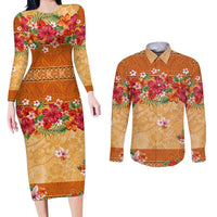 Hawaii Hibiscus Couples Matching Long Sleeve Bodycon Dress and Long Sleeve Button Shirt Turtles and Tribal Motifs Vintage Floral Style LT03 Yellow - Polynesian Pride