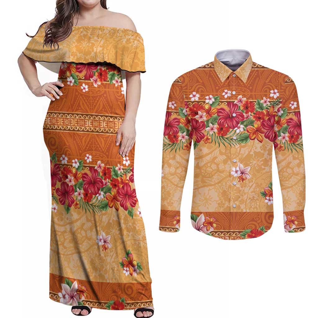 Hawaii Hibiscus Couples Matching Off Shoulder Maxi Dress and Long Sleeve Button Shirt Turtles and Tribal Motifs Vintage Floral Style LT03 Yellow - Polynesian Pride