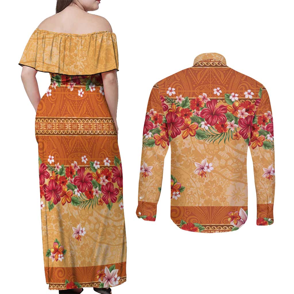 Hawaii Hibiscus Couples Matching Off Shoulder Maxi Dress and Long Sleeve Button Shirt Turtles and Tribal Motifs Vintage Floral Style LT03 - Polynesian Pride