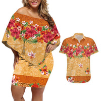 Hawaii Hibiscus Couples Matching Off Shoulder Short Dress and Hawaiian Shirt Turtles and Tribal Motifs Vintage Floral Style LT03 Yellow - Polynesian Pride