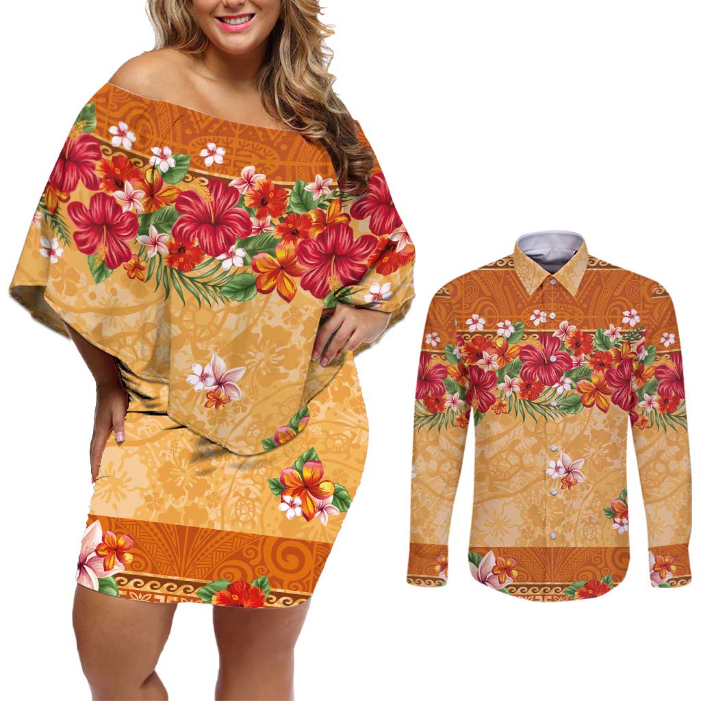 Hawaii Hibiscus Couples Matching Off Shoulder Short Dress and Long Sleeve Button Shirt Turtles and Tribal Motifs Vintage Floral Style