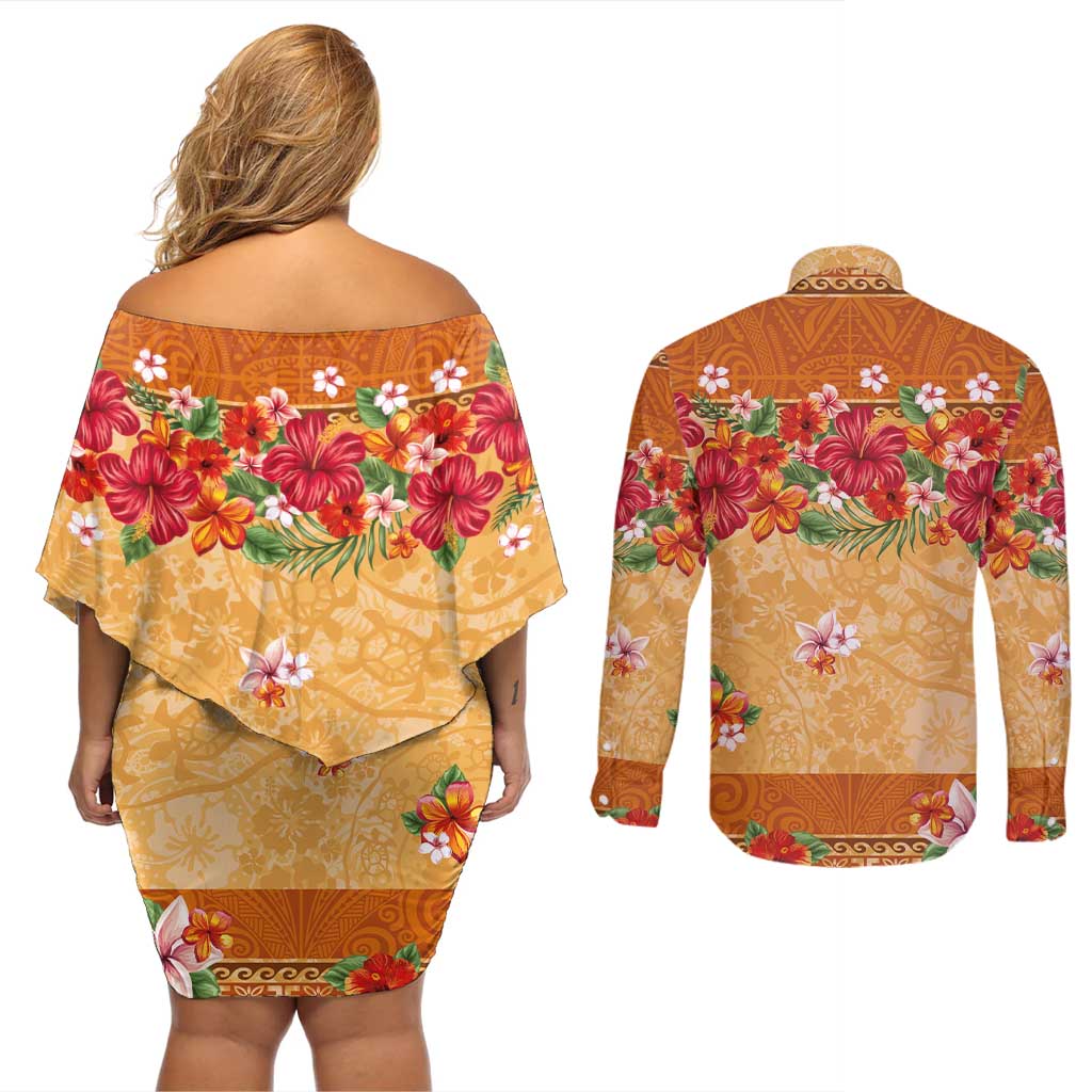 Hawaii Hibiscus Couples Matching Off Shoulder Short Dress and Long Sleeve Button Shirt Turtles and Tribal Motifs Vintage Floral Style LT03 - Polynesian Pride