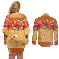 Hawaii Hibiscus Couples Matching Off Shoulder Short Dress and Long Sleeve Button Shirt Turtles and Tribal Motifs Vintage Floral Style LT03 - Polynesian Pride