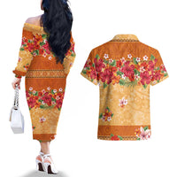 Hawaii Hibiscus Couples Matching Off The Shoulder Long Sleeve Dress and Hawaiian Shirt Turtles and Tribal Motifs Vintage Floral Style LT03 - Polynesian Pride
