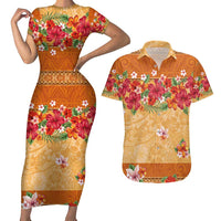 Hawaii Hibiscus Couples Matching Short Sleeve Bodycon Dress and Hawaiian Shirt Turtles and Tribal Motifs Vintage Floral Style LT03 Yellow - Polynesian Pride