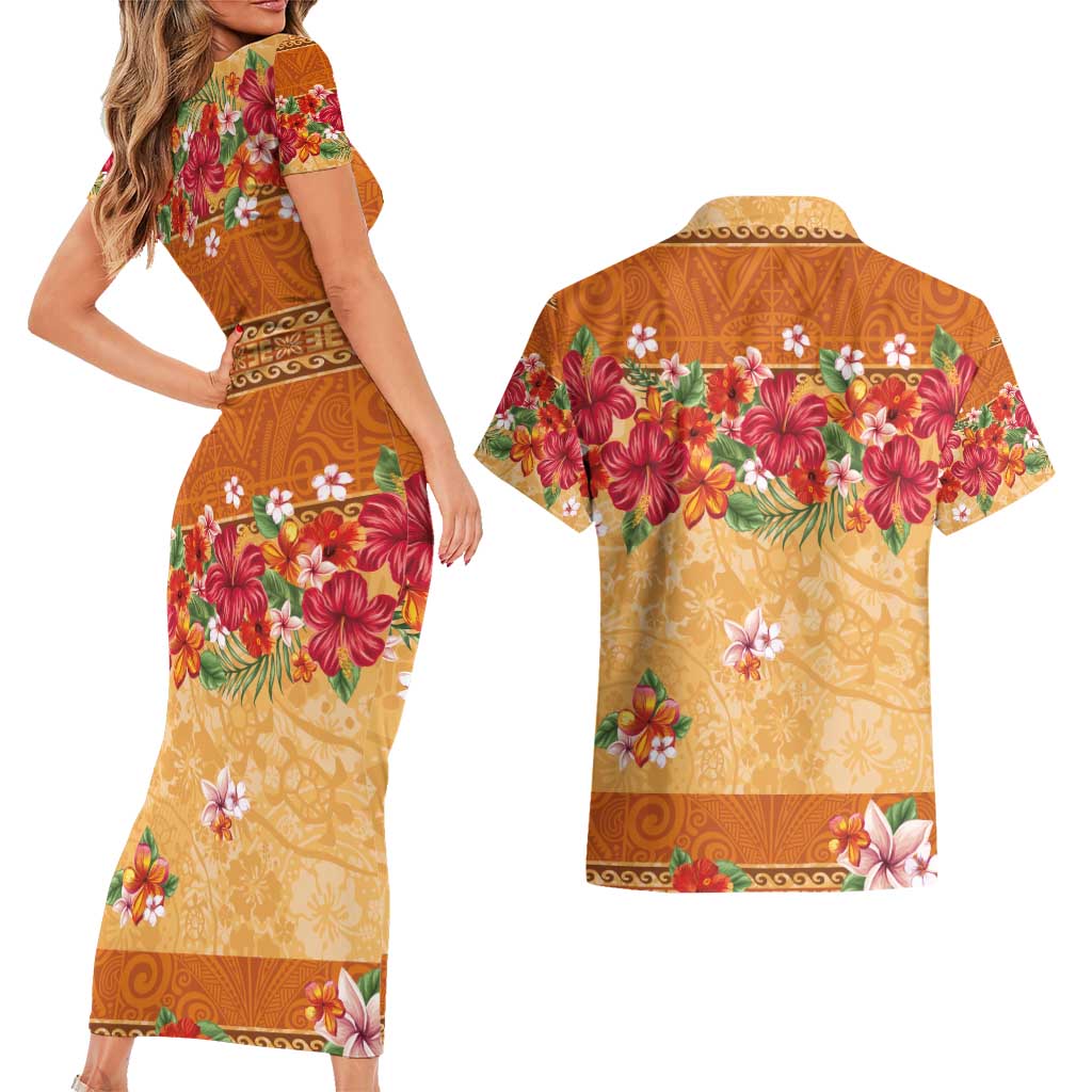 Hawaii Hibiscus Couples Matching Short Sleeve Bodycon Dress and Hawaiian Shirt Turtles and Tribal Motifs Vintage Floral Style LT03 - Polynesian Pride