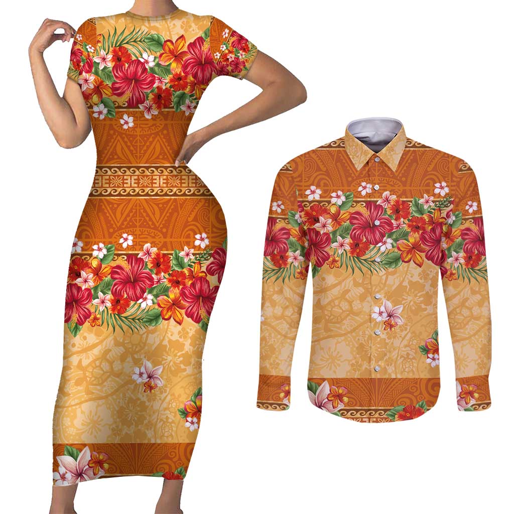 Hawaii Hibiscus Couples Matching Short Sleeve Bodycon Dress and Long Sleeve Button Shirt Turtles and Tribal Motifs Vintage Floral Style LT03 Yellow - Polynesian Pride