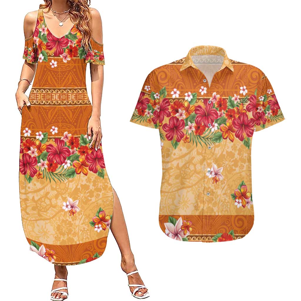 Hawaii Hibiscus Couples Matching Summer Maxi Dress and Hawaiian Shirt Turtles and Tribal Motifs Vintage Floral Style LT03 Yellow - Polynesian Pride