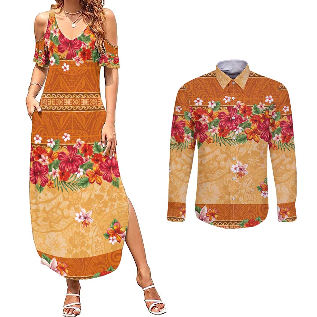 Hawaii Hibiscus Couples Matching Summer Maxi Dress and Long Sleeve Button Shirt Turtles and Tribal Motifs Vintage Floral Style LT03 Yellow - Polynesian Pride