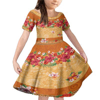Hawaii Hibiscus Family Matching Mermaid Dress and Hawaiian Shirt Turtles and Tribal Motifs Vintage Floral Style LT03 Daughter's Dress Yellow - Polynesian Pride