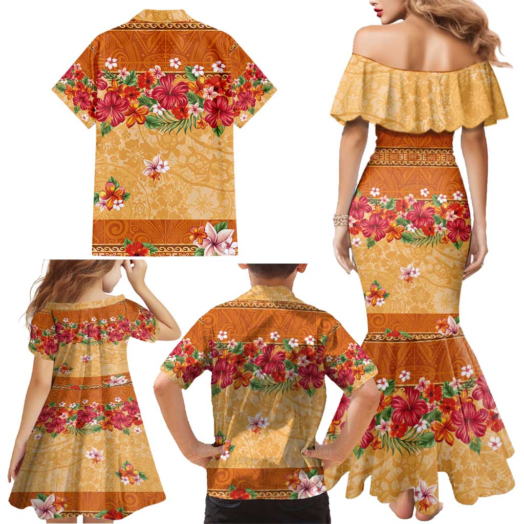 Hawaii Hibiscus Family Matching Mermaid Dress and Hawaiian Shirt Turtles and Tribal Motifs Vintage Floral Style LT03 - Polynesian Pride