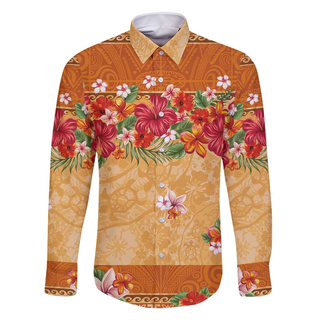 Hawaii Hibiscus Family Matching Mermaid Dress and Hawaiian Shirt Turtles and Tribal Motifs Vintage Floral Style LT03 Dad's Shirt - Long Sleeve Yellow - Polynesian Pride