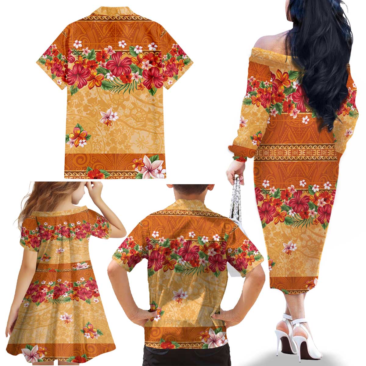 Hawaii Hibiscus Family Matching Off The Shoulder Long Sleeve Dress and Hawaiian Shirt Turtles and Tribal Motifs Vintage Floral Style LT03 - Polynesian Pride