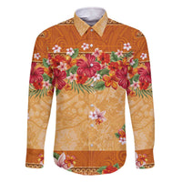 Hawaii Hibiscus Family Matching Off The Shoulder Long Sleeve Dress and Hawaiian Shirt Turtles and Tribal Motifs Vintage Floral Style LT03 Dad's Shirt - Long Sleeve Yellow - Polynesian Pride