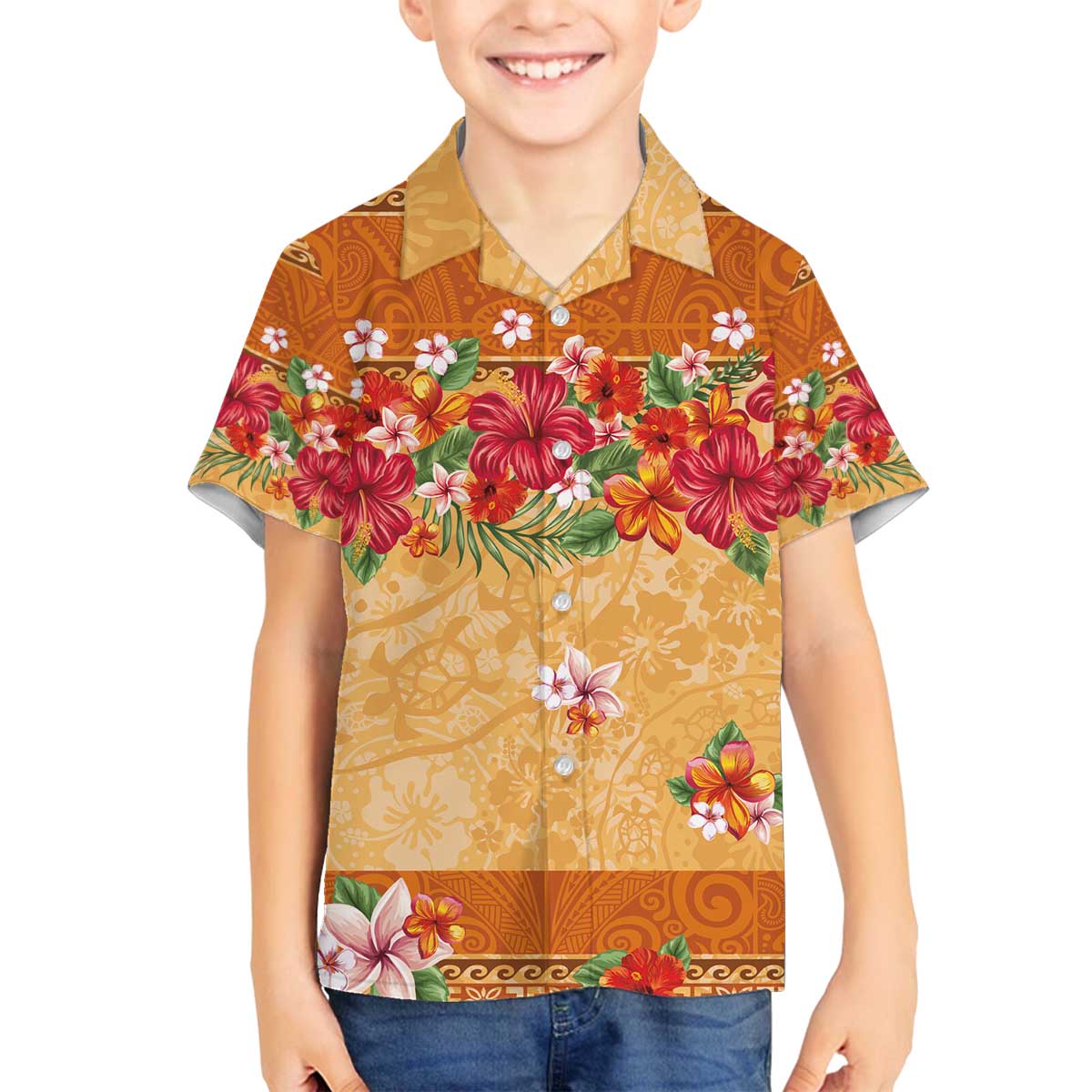 Hawaii Hibiscus Family Matching Off The Shoulder Long Sleeve Dress and Hawaiian Shirt Turtles and Tribal Motifs Vintage Floral Style LT03 Son's Shirt Yellow - Polynesian Pride